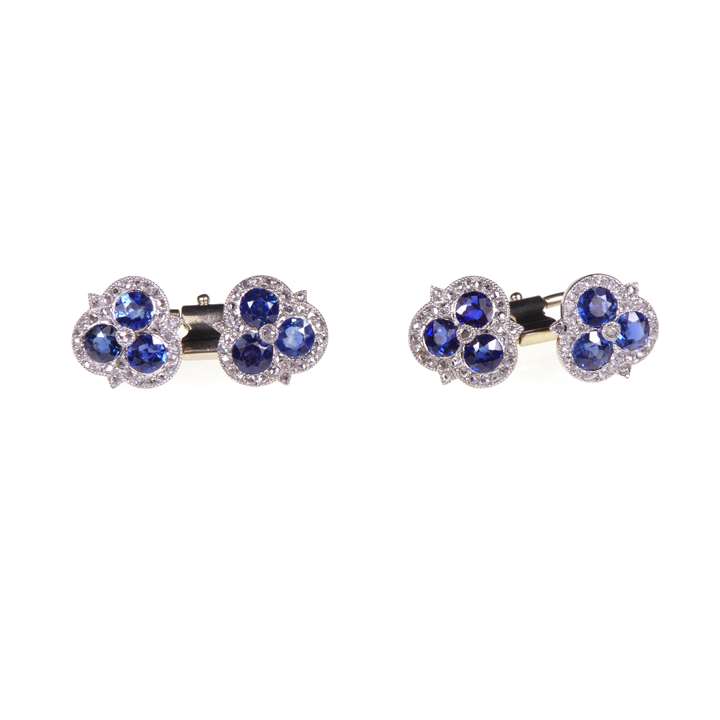 Pair of Belle epoque sapphire and diamond trefoil cluster cufflinks